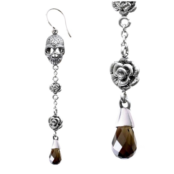 Skull with Roses and Smoked Quartz Earrings Stainless Steel NWT - Picture 2 of 4